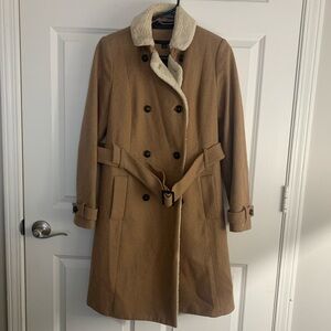 Tommy Hilfiger Wool Double Breasted Belted Trench Coat faux fur Sz Small